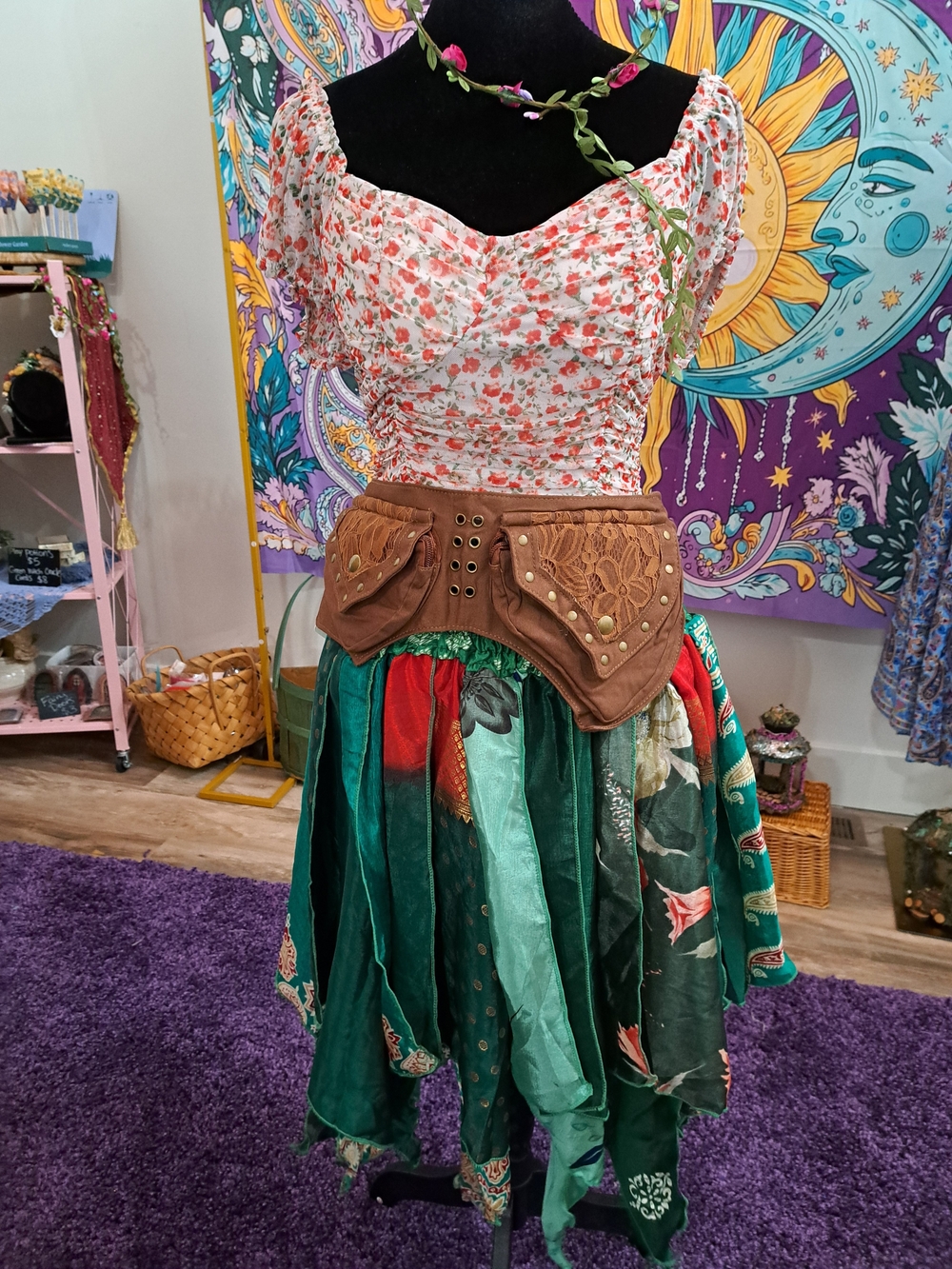 Mossway Wanderer Fairy Outfit |  Sari Skirt, Floral Top, Hip Pouch & Ears
